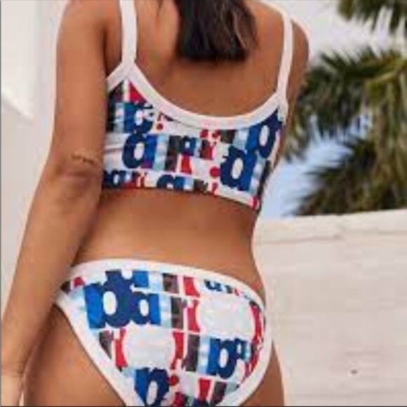 Aerie Red White & Blue Logo Print Ribbed Longline Scoop Neck Bikini Swimsuit Top - Picture 2 of 3